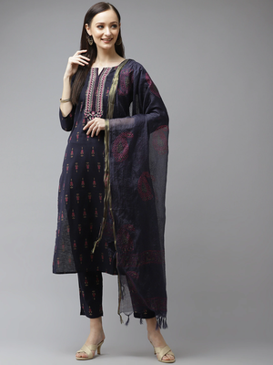 Navy-blue printed cotton kurta-suits 1