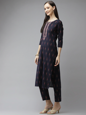 Navy-blue printed cotton kurta-suits 2