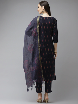 Navy-blue printed cotton kurta-suits 3
