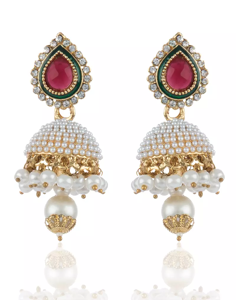 Pearl Studed Jhumkis in Maroon Green