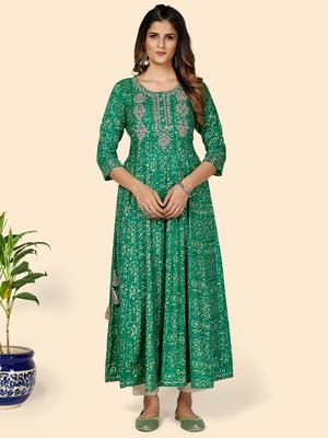 Vbuyz Women's Printed & Embroidered Anarkali Rayon Turquoise Stitched Kurta 1