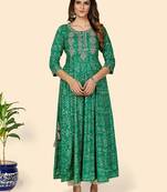 Vbuyz Women's Printed & Embroidered Anarkali Rayon Turquoise Stitched Kurta