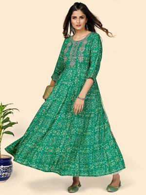 Vbuyz Women's Printed & Embroidered Anarkali Rayon Turquoise Stitched Kurta 3