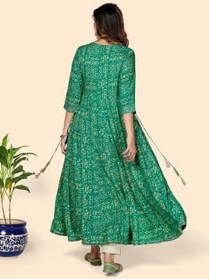 Vbuyz Women's Printed & Embroidered Anarkali Rayon Turquoise Stitched Kurta 4