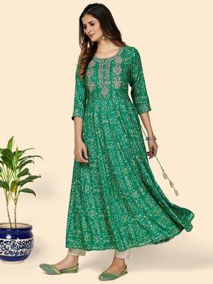 Vbuyz Women's Printed & Embroidered Anarkali Rayon Turquoise Stitched Kurta 5