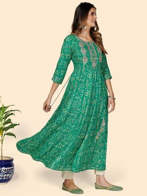 Vbuyz Women's Printed & Embroidered Anarkali Rayon Turquoise Stitched Kurta 6