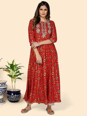 Vbuyz Women's Printed & Embroidered Anarkali Rayon Red Stitched Kurta 1