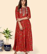 Vbuyz Women's Printed & Embroidered Anarkali Rayon Red Stitched Kurta