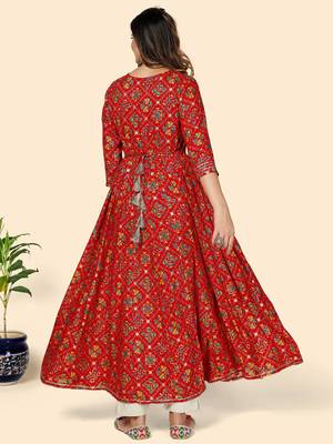 Vbuyz Women's Printed & Embroidered Anarkali Rayon Red Stitched Kurta 4