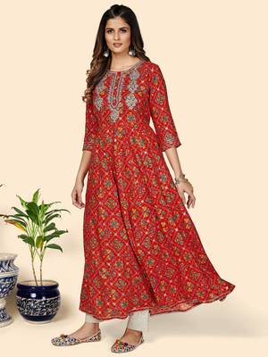 Vbuyz Women's Printed & Embroidered Anarkali Rayon Red Stitched Kurta 5
