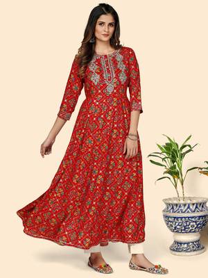 Vbuyz Women's Printed & Embroidered Anarkali Rayon Red Stitched Kurta 6