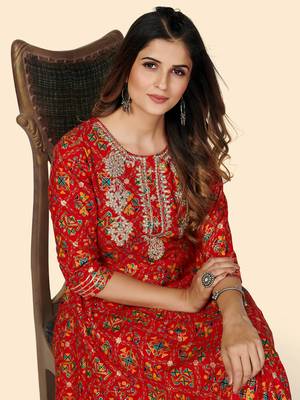 Vbuyz Women's Printed & Embroidered Anarkali Rayon Red Stitched Kurta 7