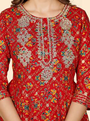 Vbuyz Women's Printed & Embroidered Anarkali Rayon Red Stitched Kurta 8
