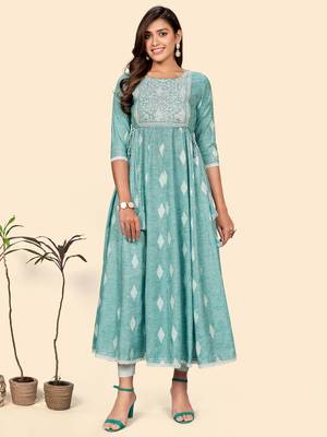 Vbuyz Women'S Embroidered Anarkali Cotton Blend Turquoise Stitched Kurta 1