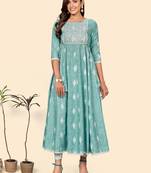Vbuyz Women'S Embroidered Anarkali Cotton Blend Turquoise Stitched Kurta