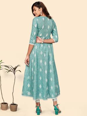 Vbuyz Women'S Embroidered Anarkali Cotton Blend Turquoise Stitched Kurta 4