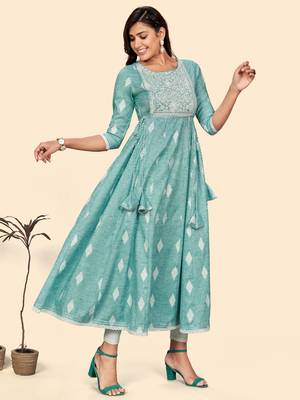 Vbuyz Women'S Embroidered Anarkali Cotton Blend Turquoise Stitched Kurta 6