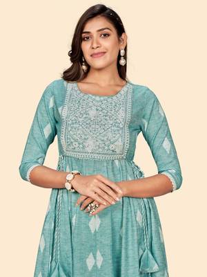 Vbuyz Women'S Embroidered Anarkali Cotton Blend Turquoise Stitched Kurta 7