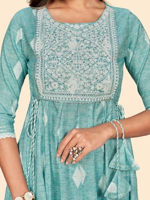 Vbuyz Women'S Embroidered Anarkali Cotton Blend Turquoise Stitched Kurta 8