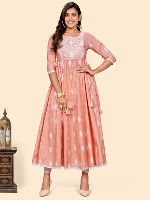 Vbuyz Women'S Embroidered Anarkali Cotton Blend Orange Stitched Kurta 1