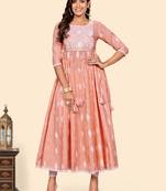 Vbuyz Women'S Embroidered Anarkali Cotton Blend Orange Stitched Kurta