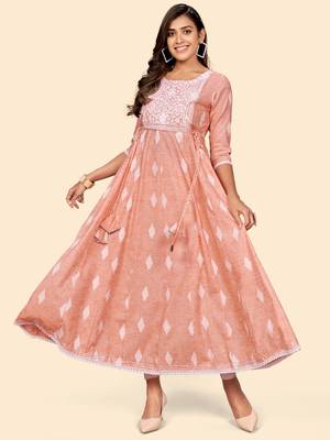 Vbuyz Women'S Embroidered Anarkali Cotton Blend Orange Stitched Kurta 3