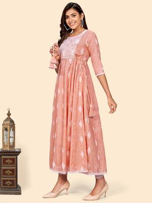 Vbuyz Women'S Embroidered Anarkali Cotton Blend Orange Stitched Kurta 5
