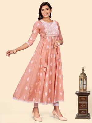 Vbuyz Women'S Embroidered Anarkali Cotton Blend Orange Stitched Kurta 6