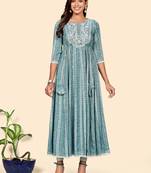 Vbuyz Women'S Embroidered Anarkali Cotton Blend Turquoise Stitched Kurta