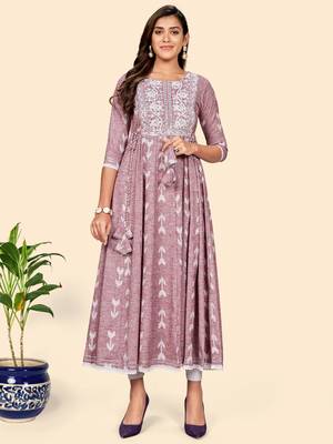 Vbuyz Women'S Embroidered Anarkali Cotton Blend Mauve Stitched Kurta 1