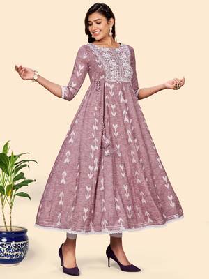 Vbuyz Women'S Embroidered Anarkali Cotton Blend Mauve Stitched Kurta 3