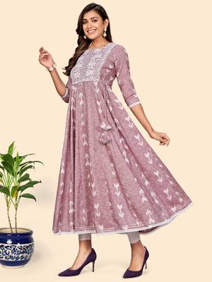 Vbuyz Women'S Embroidered Anarkali Cotton Blend Mauve Stitched Kurta 5