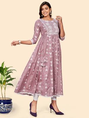 Vbuyz Women'S Embroidered Anarkali Cotton Blend Mauve Stitched Kurta 6