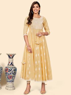 Vbuyz Women'S Embroidered Anarkali Cotton Blend Yellow Stitched Kurta 1