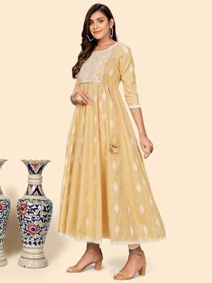 Vbuyz Women'S Embroidered Anarkali Cotton Blend Yellow Stitched Kurta 5