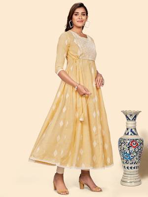 Vbuyz Women'S Embroidered Anarkali Cotton Blend Yellow Stitched Kurta 6