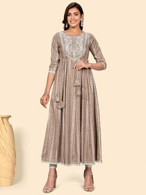Vbuyz Women'S Embroidered Anarkali Cotton Blend Light Brown Stitched Kurta 1