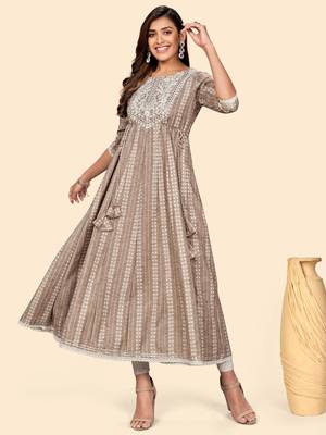 Vbuyz Women'S Embroidered Anarkali Cotton Blend Light Brown Stitched Kurta 3
