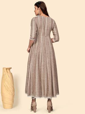 Vbuyz Women'S Embroidered Anarkali Cotton Blend Light Brown Stitched Kurta 4