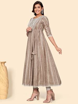 Vbuyz Women'S Embroidered Anarkali Cotton Blend Light Brown Stitched Kurta 5