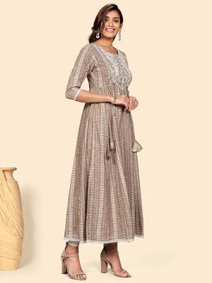 Vbuyz Women'S Embroidered Anarkali Cotton Blend Light Brown Stitched Kurta 6