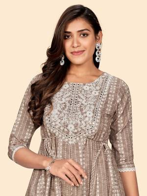 Vbuyz Women'S Embroidered Anarkali Cotton Blend Light Brown Stitched Kurta 7