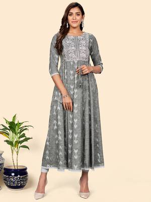 Vbuyz Women'S Embroidered Anarkali Cotton Blend Pista Stitched Kurta 1