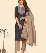 Vbuyz Women'S Embroidered & Sequience Straight Cotton Black Stitched Kurta Pant With Dupatta