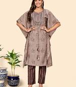 Vbuyz Women'S Embroidered & Mirror  Muslin Light Brown Stitched Kaftan Kurta With Pant Set