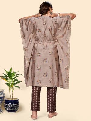 Vbuyz Women'S Embroidered & Mirror  Muslin Light Brown Stitched Kaftan Kurta With Pant Set 4