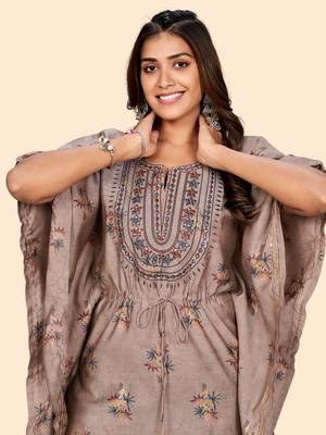 Vbuyz Women'S Embroidered & Mirror  Muslin Light Brown Stitched Kaftan Kurta With Pant Set 7