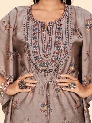 Vbuyz Women'S Embroidered & Mirror  Muslin Light Brown Stitched Kaftan Kurta With Pant Set 8