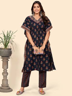 Vbuyz Women'S Embroidered & Mirror  Muslin Blue Stitched Kaftan Kurta With Pant Set 1