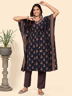 Vbuyz Women'S Embroidered & Mirror  Muslin Blue Stitched Kaftan Kurta With Pant Set 3